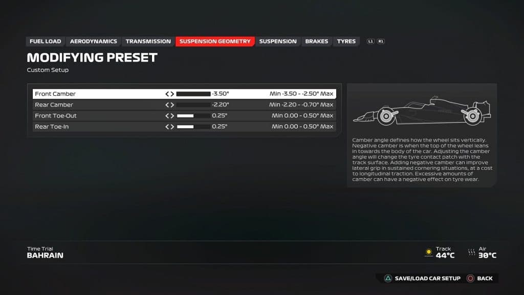 F1 24 Suspension Geometry setup for Bahrain GP