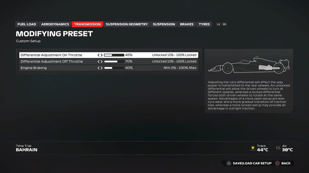 F1 24 Transmission setup for Bahrain GP