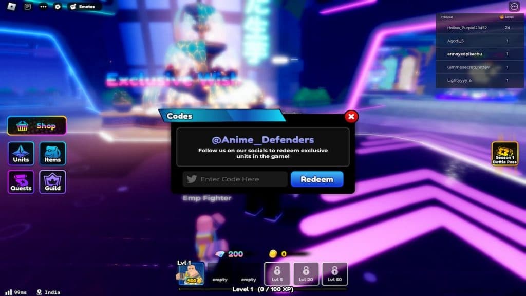 Anime Defenders code redemption screen