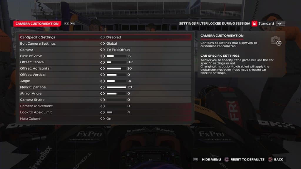 F1 24 camera settings