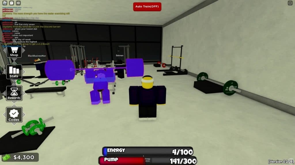 A gym in Untitled Gym Game and the code redeem opton on the left.