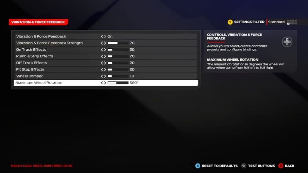 Vibration and Force Feedback settings in F1 24