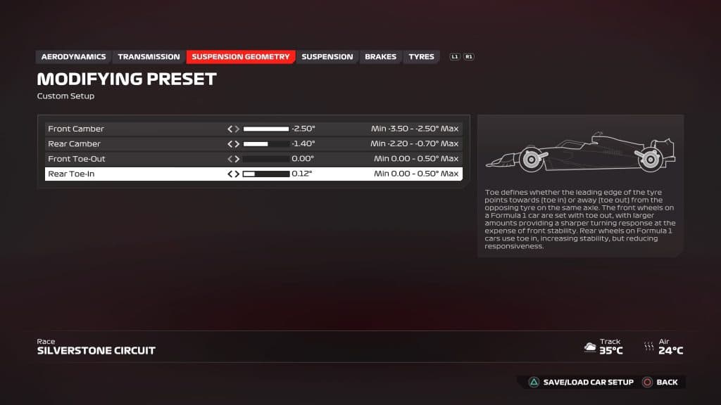 F1 24 British GP suspension geometry setup