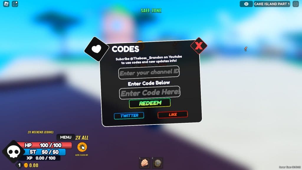 Codes redemption tab in One Fruit Simulator.