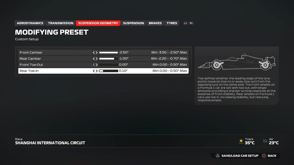 F1 24 Suspension Geometry setup for the Chenese GP