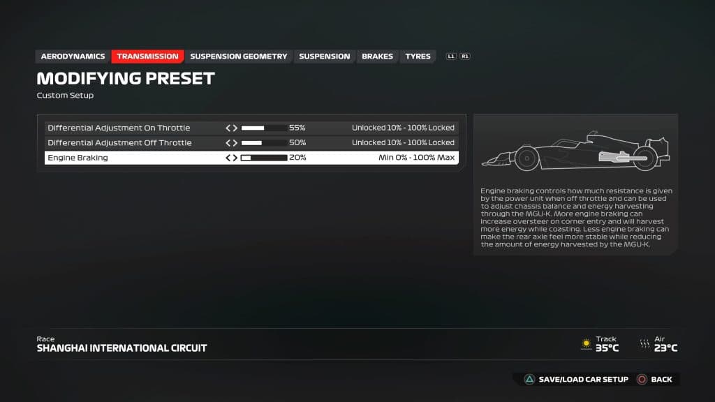 F1 24 Transmission setup for the Chenese GP