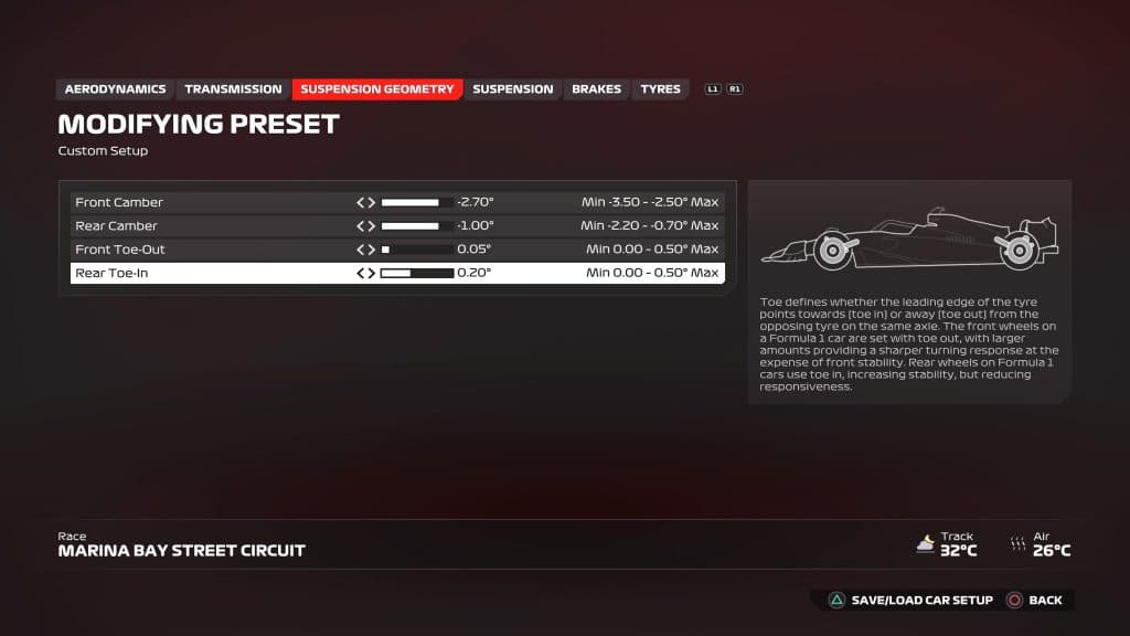 F1 24 Suspension Geometry setup for Singapore GP