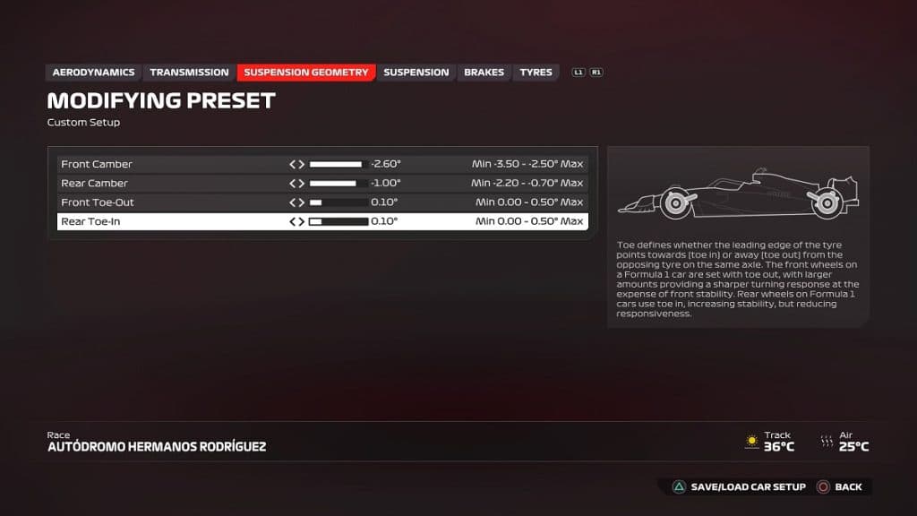 F1 24 Suspension Geometry setup for Mexican GP