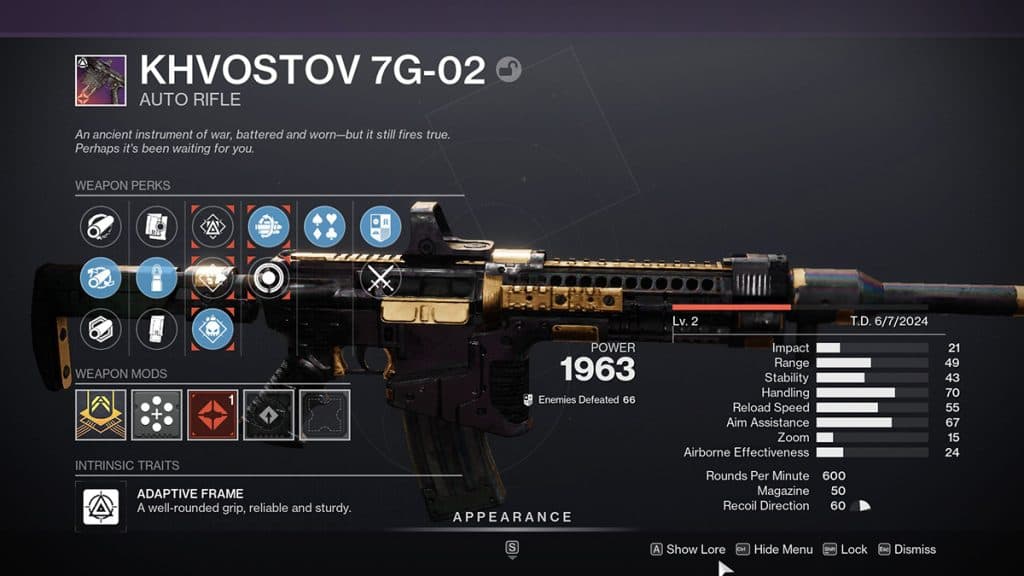 Khvostov Auto Rifle in Destiny 2