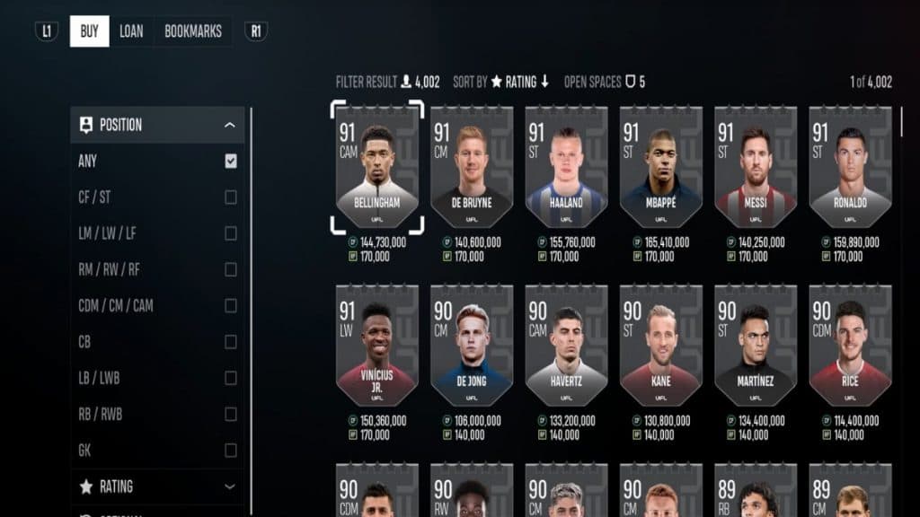 UFL transfer market menu