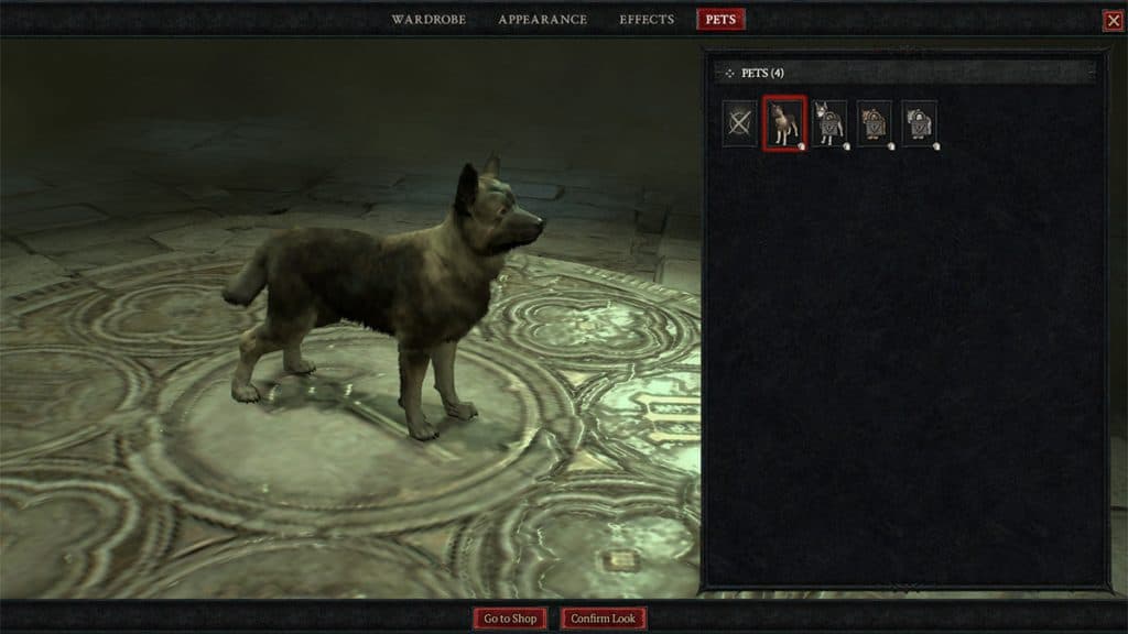 Pet menu in the Diablo 4 Wardrobe