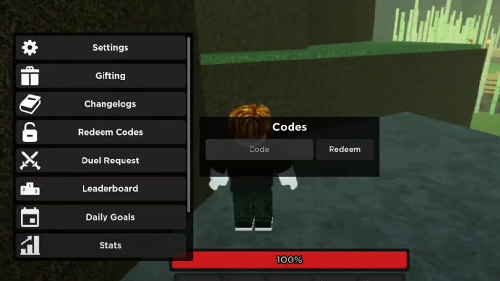 Codes redemption menu in Rogue Demon.