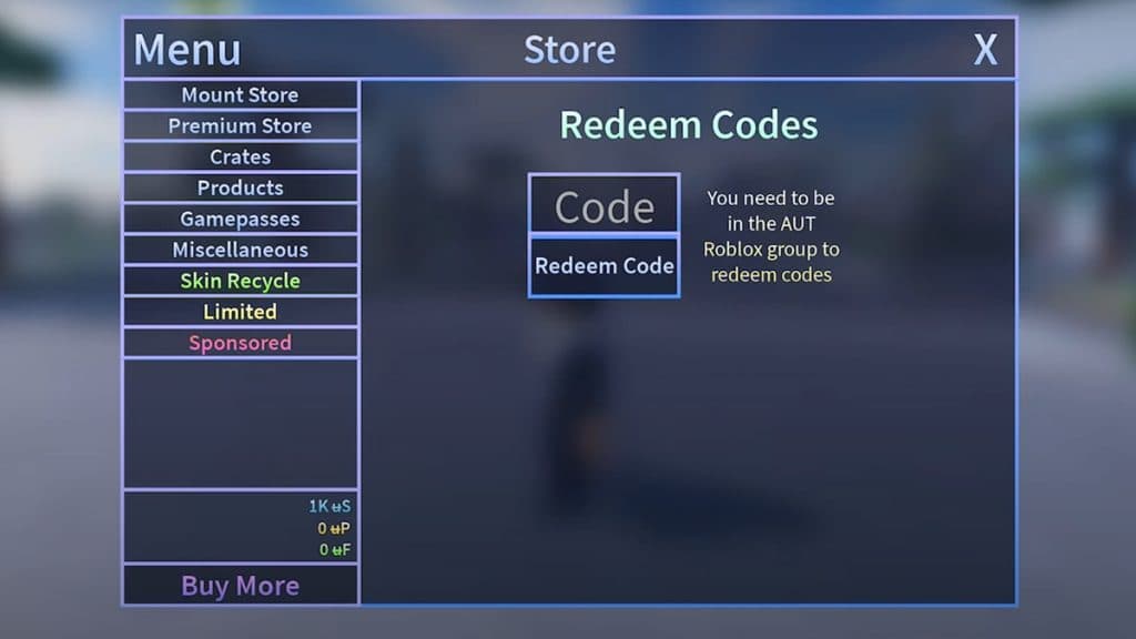 Codes redemption tab in A Universal Time.