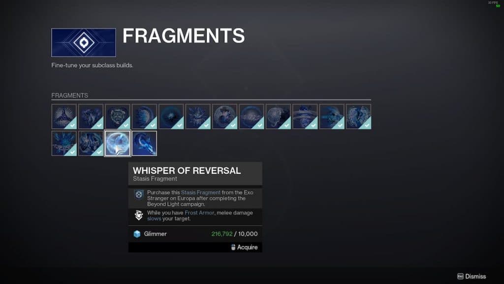 Destiny 2 Stasis Fragment screen
