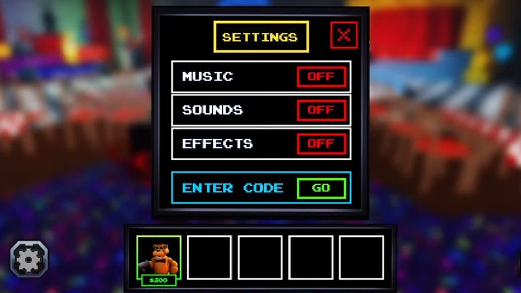 Codes redemption textbox in Five Nights TD.