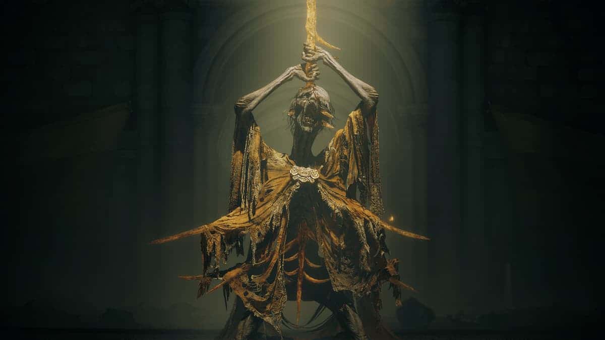 Elden Ring enemy pulling out a sword from a skull.