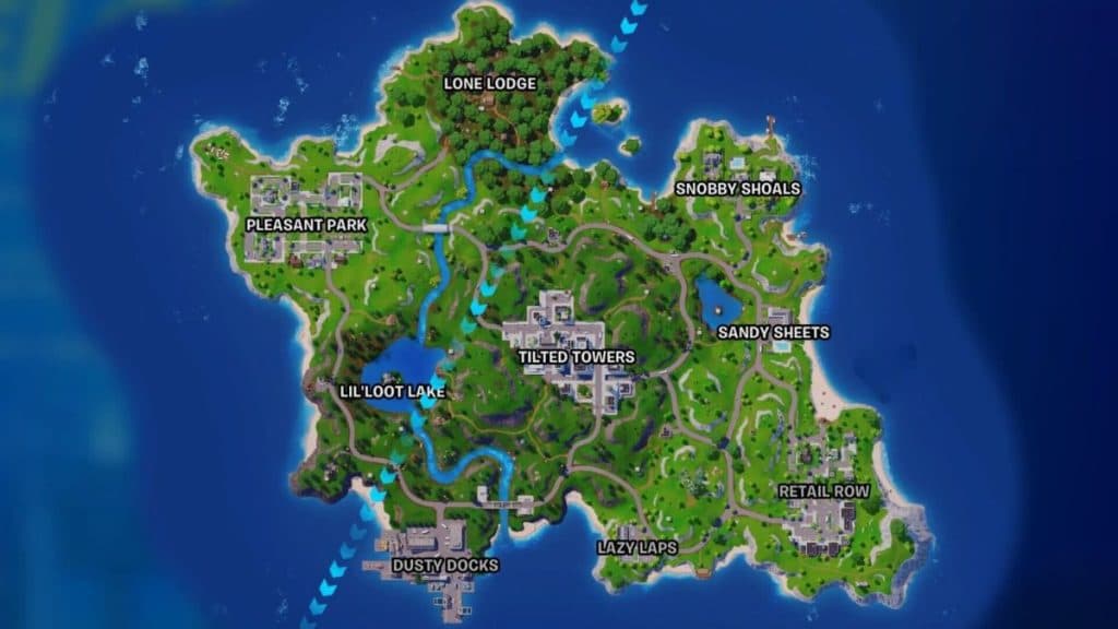Screenshot of Fortnite Reload map with all named POIs