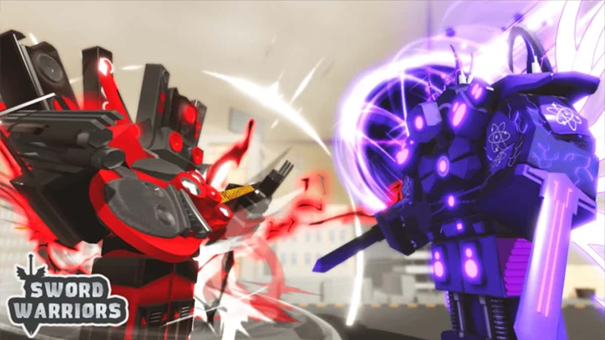 Characters in Roblox Sword Warriors fighting.