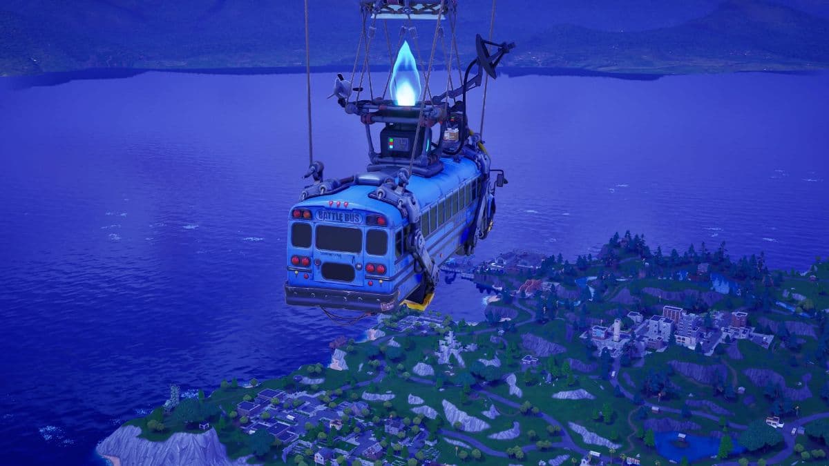 Battle Bus flying over Fortnite Reload map