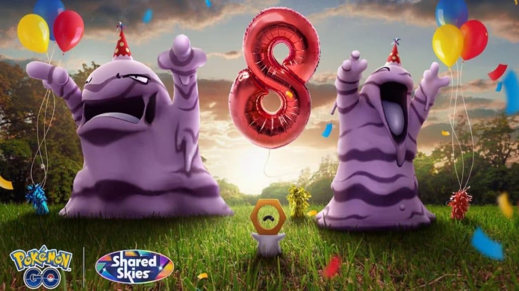 party hat muk and grimer in pokemon go 8th anniversary party