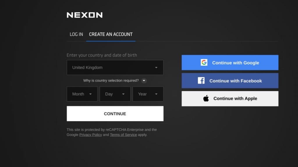 Nexon Games create account screen