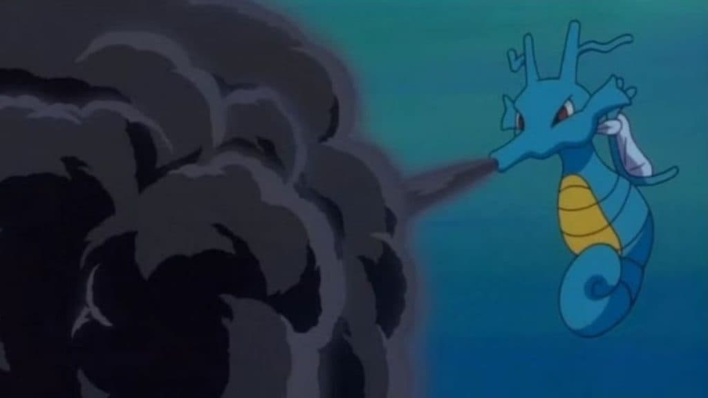 kingdra using octazooka in the pokemon anime