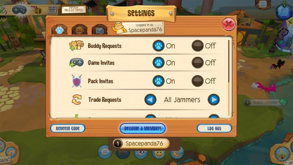 Animal Jam settings menu