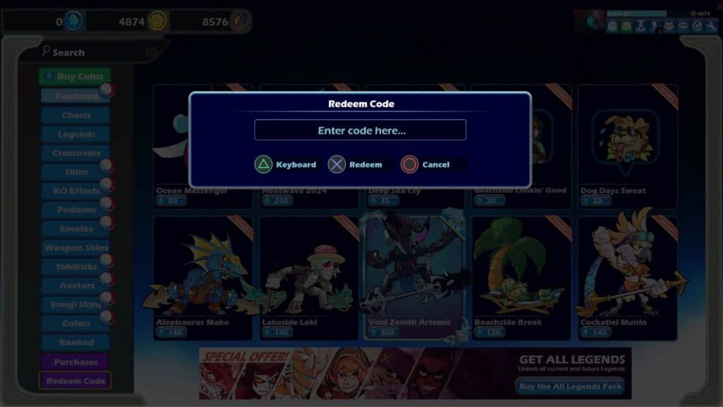 brawlhalla's code redemption screen