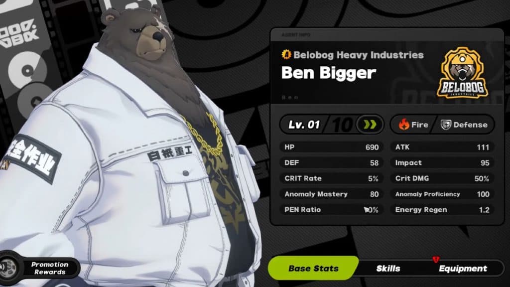 Ben Bigger base stats in ZZZ