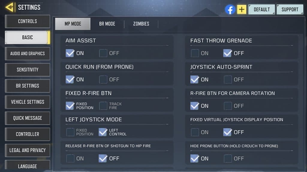 Basic control settings CoD Mobile