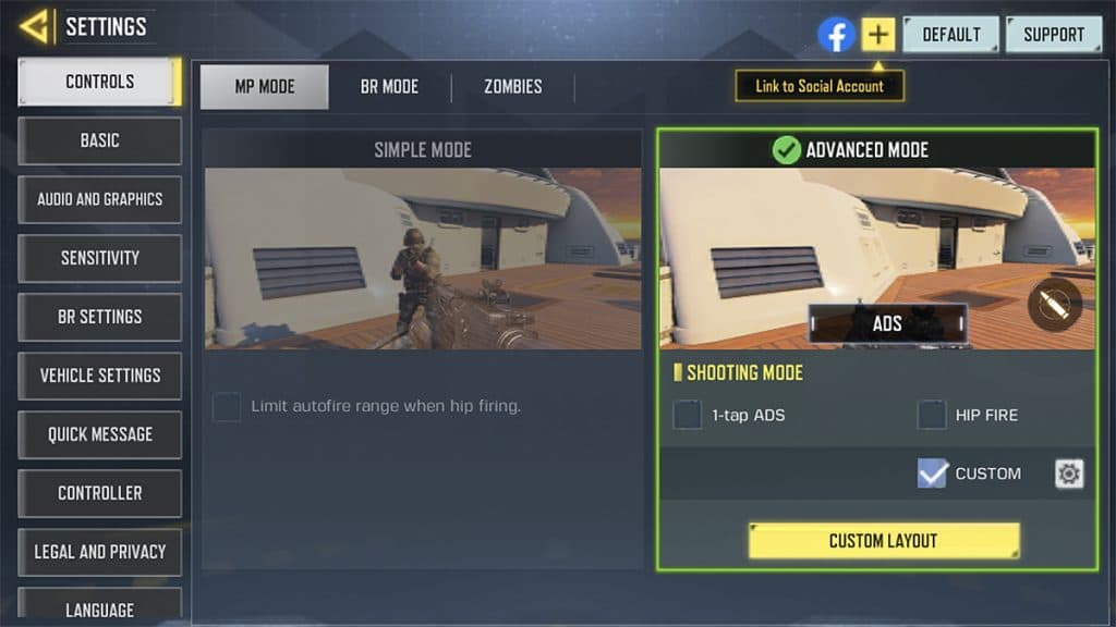 CoD Mobile control settings menu