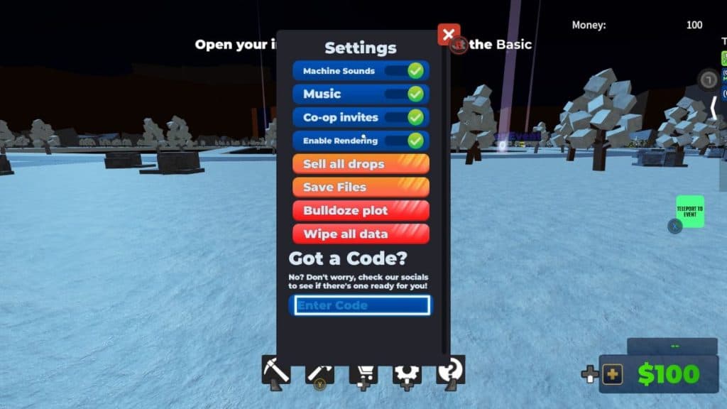 Code redeem menu from Factory Simulator