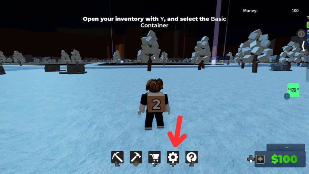 Arrow pointing to Settings menu in Roblox Factory Simulator