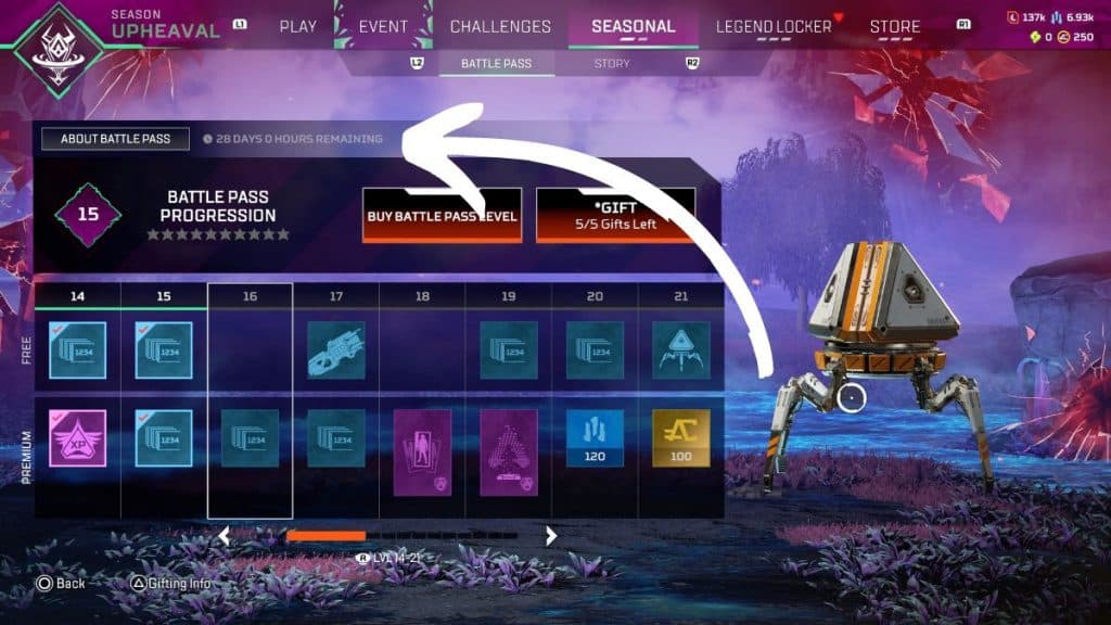 Apex Legends Battle Pass page with arrow pointing to the timer