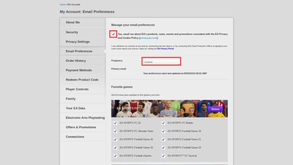 Screenshot of EA FC 25 email preferences