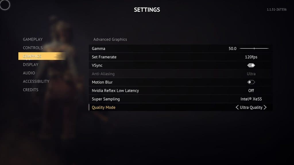 Settings menu for Flintlock: The Siege of Dawn