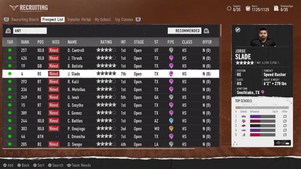 Prospect List menu in College Football 25