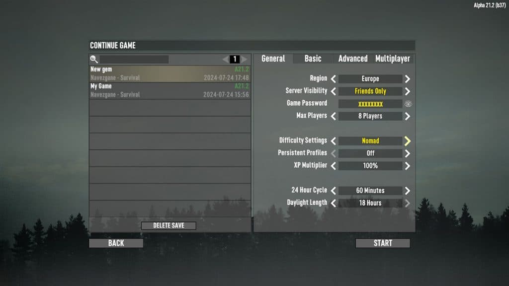 Server settings menu in 7 Days to Die