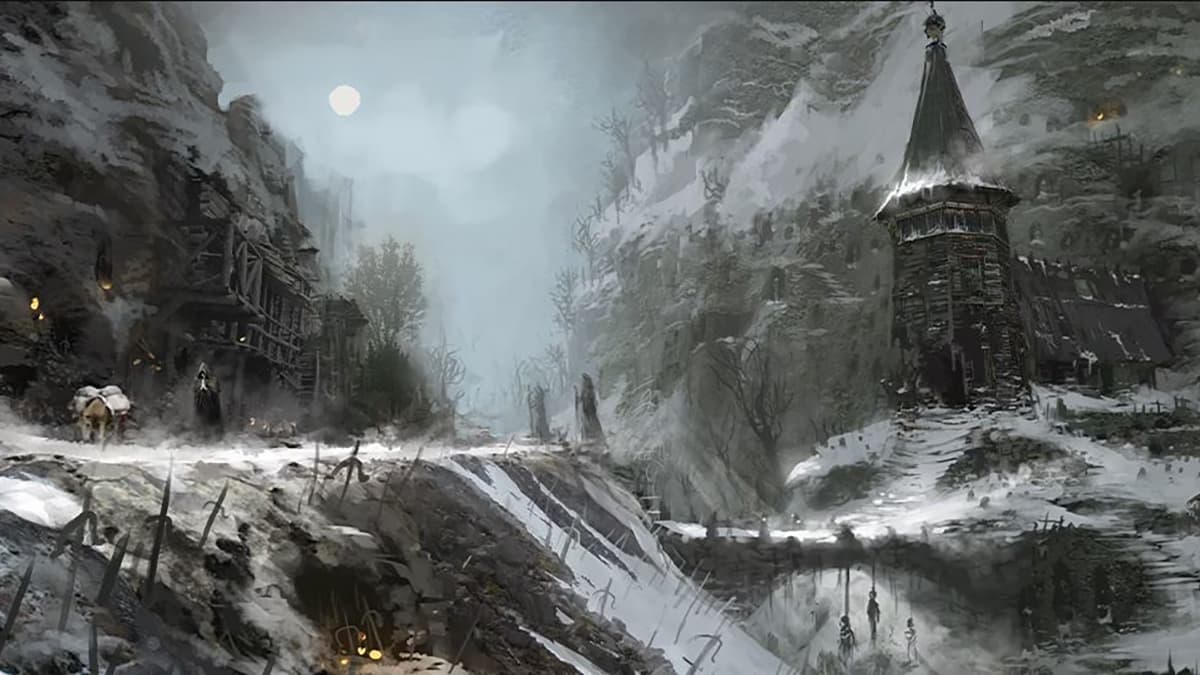 Snowy town art in Diablo 4