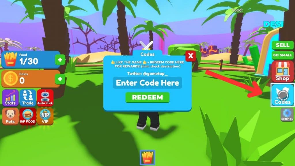 Arrow showing where to redeem codes in Eating Simulator