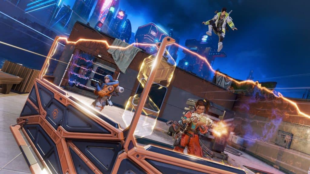 apex legends character fighting together on e-district map