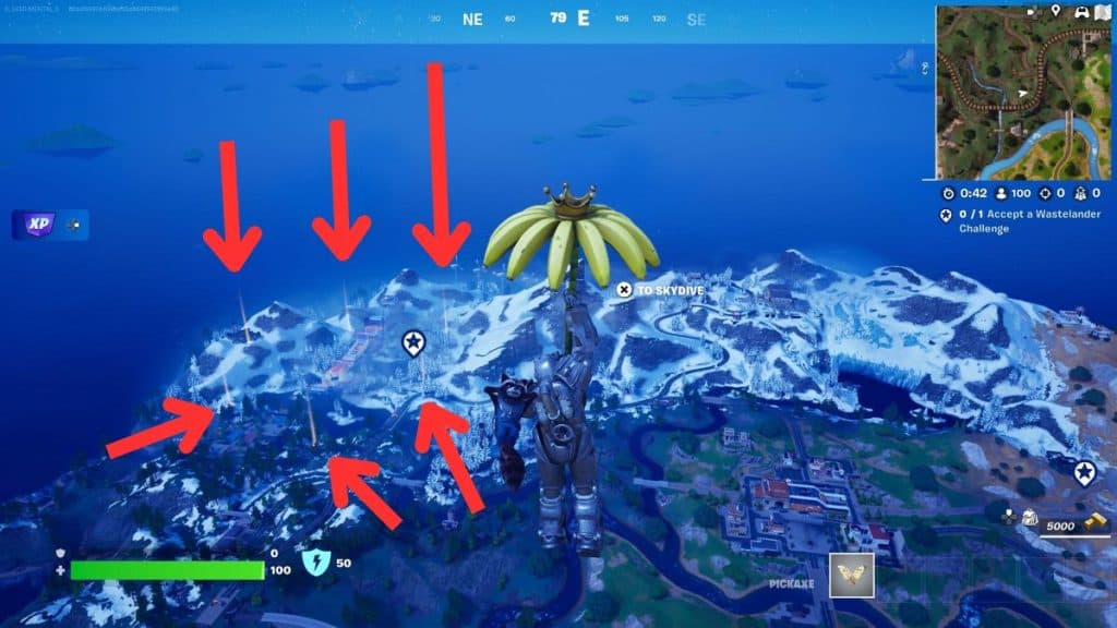 Arrows pointing to all Bean Idols in Fortnite