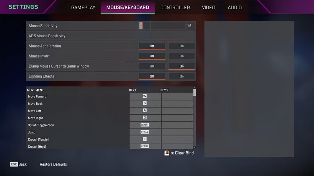 Mouse and Keyboard settings menu in Apex Legends.