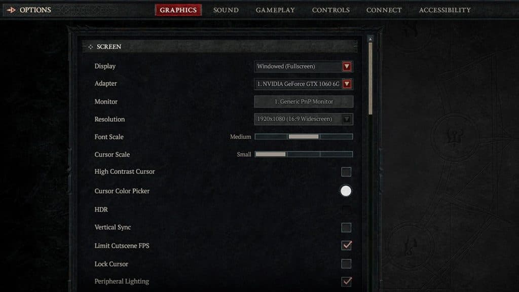 Diablo 4 screen settings menu