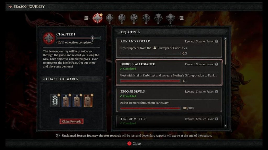 All Diablo 4 Season 5 Seasonal Journey rewards and objectives