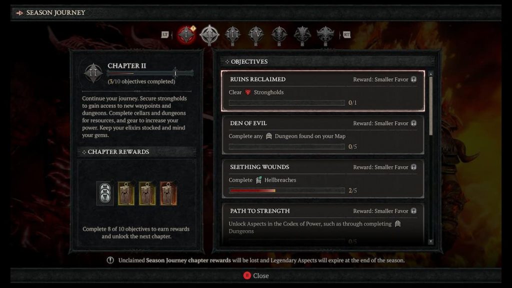 All Diablo 4 Season 5 Seasonal Journey rewards and objectives