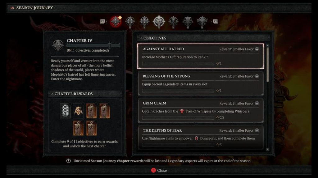 All Diablo 4 Season 5 Seasonal Journey rewards and objectives