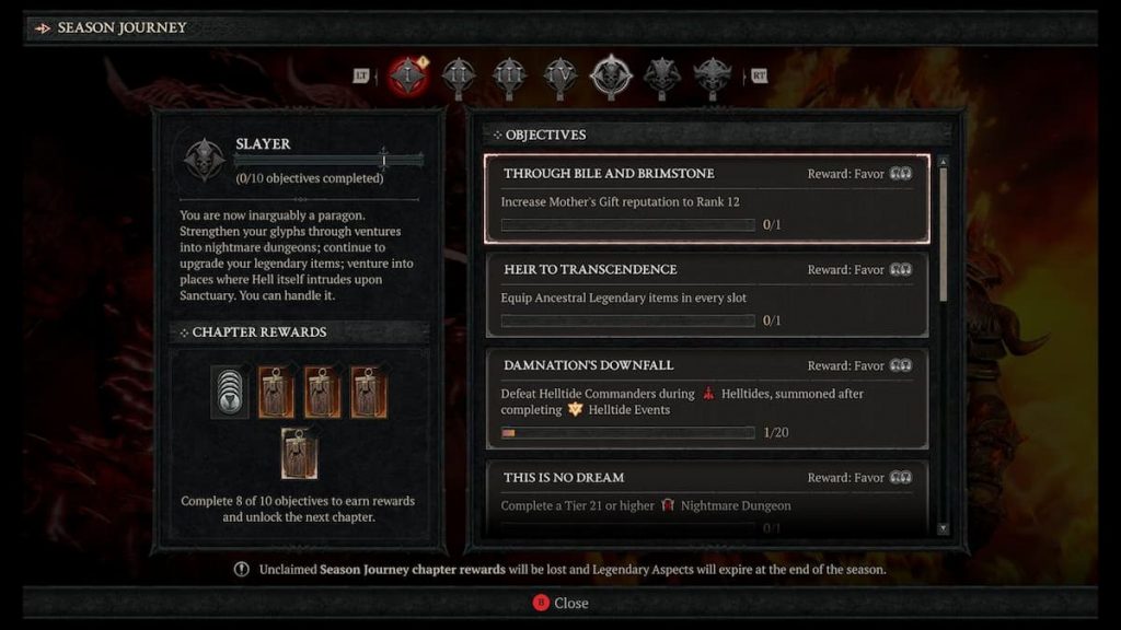 All Diablo 4 Season 5 Seasonal Journey rewards and objectives