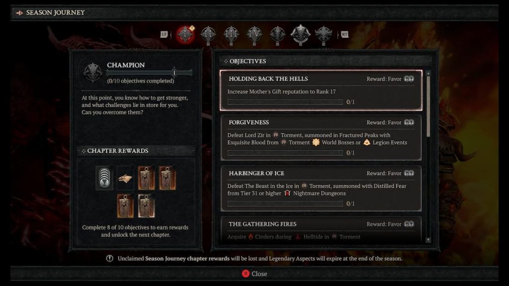 All Diablo 4 Season 5 Seasonal Journey rewards and objectives