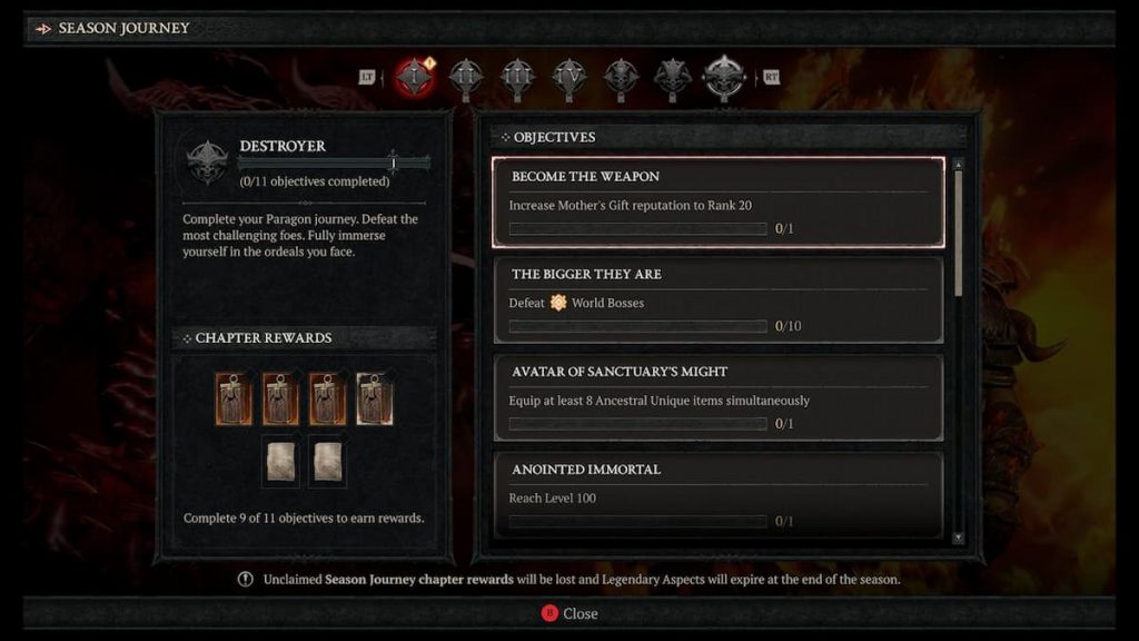 All Diablo 4 Season 5 Seasonal Journey rewards and objectives